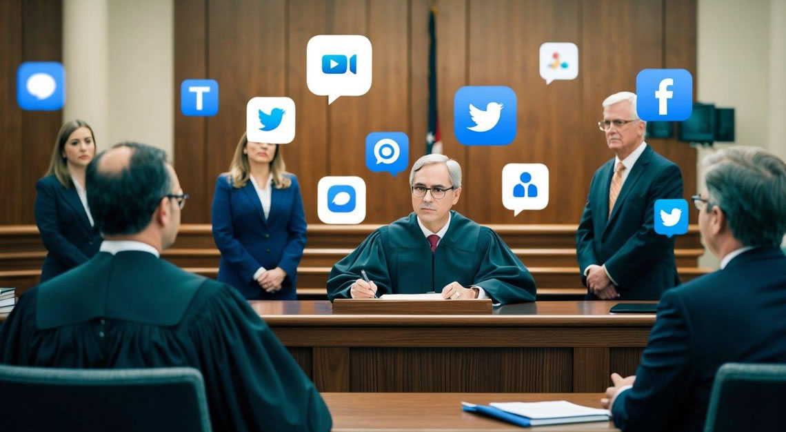 A courtroom scene with a judge, lawyers, and a defendant, while social media icons and notifications loom in the background, influencing public opinion