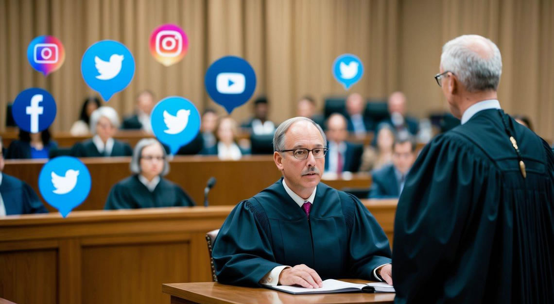 A courtroom scene with a judge presiding over a criminal case, while social media icons and symbols loom in the background, influencing public opinion