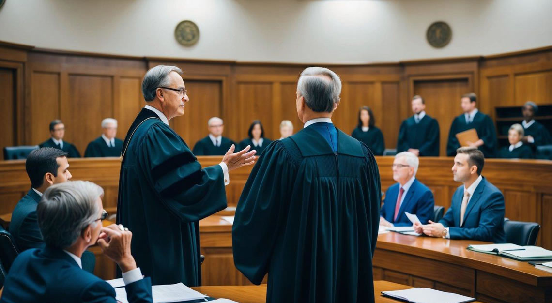 A courtroom with a judge presiding, lawyers presenting evidence, and a jury listening attentively