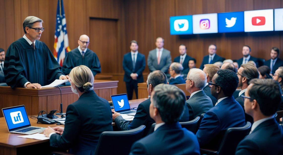 A courtroom with a judge presiding over a case while lawyers present evidence and a jury listens attentively. Social media logos are displayed on screens, highlighting its impact on the proceedings